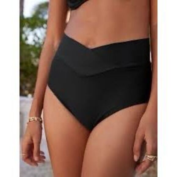 AERIE Women’s Black Crossover High Waisted Bikini Bottom Size Medium - Picture 1 of 6